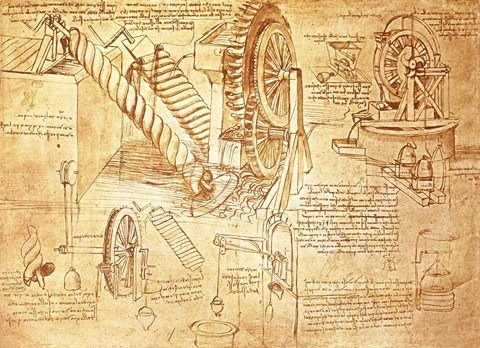 Leonardo da Vinci notebook studies of mills, wheels and screws